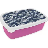 MuchoWow Broodtrommel Roze - Lunchbox Botanisch - Patroon - Blauw - Brooddoos 18x12x6 cm - Brood lunch box - Broodtrommels voor kinderen en volwassenen