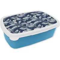MuchoWow Broodtrommel Blauw - Lunchbox Botanisch - Patroon - Blauw - Brooddoos 18x12x6 cm - Brood lunch box - Broodtrommels voor kinderen en volwassenen