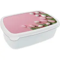MuchoWow Broodtrommel Wit - Lunchbox Tulpen - Eieren - Roze - Brooddoos 18x12x6 cm - Brood lunch box - Broodtrommels voor kinderen en volwassenen