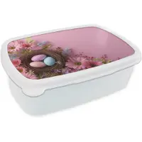 MuchoWow Broodtrommel Wit - Lunchbox Vogelnestje - Eieren - Bloemen - Pastelkleuren - Brooddoos 18x12x6 cm - Brood lunch box - Broodtrommels voor kinderen en volwassenen