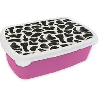 MuchoWow Broodtrommel Roze - Lunchbox Dierenpatroon - Vlekken - Zwart - Wit - Brooddoos 18x12x6 cm - Brood lunch box - Broodtrommels voor kinderen en volwassenen