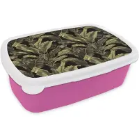 MuchoWow Broodtrommel Roze - Lunchbox Botanisch - Bladeren - Groen - Brooddoos 18x12x6 cm - Brood lunch box - Broodtrommels voor kinderen en volwassenen
