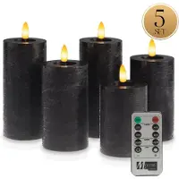 Meisterhome LED Kaarsen 5-delige Set Zwart – Vlamloos & Flikkerend Licht – Met Afstandsbediening & Timer – Batterijverlichting – Ø7 cm, Hoogte 10/12,5/15 cm – Rustiek Design – Warm Wit Licht