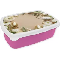 MuchoWow Broodtrommel Roze - Lunchbox Bloemen - Eieren - Goud - Beige - Brooddoos 18x12x6 cm - Brood lunch box - Broodtrommels voor kinderen en volwassenen