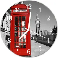 Tulup Wandklok - Rode telefooncel Moderne Glazen Wandklok - 30fi cm - Rood Wandklok Glas Met Motief - Witte Handen - Ronde Wandklok - Glazen Wandklok Design - Klok Glas Met Opdruk