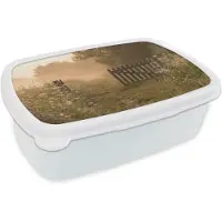 MuchoWow Broodtrommel Wit - Lunchbox Hek - Natuur - Mist - Veld - Brooddoos 18x12x6 cm - Brood lunch box - Broodtrommels voor kinderen en volwassenen