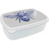 MuchoWow Broodtrommel Wit - Lunchbox Bij - Modern - Delfts - Blauw - Brooddoos 18x12x6 cm - Brood lunch box - Broodtrommels voor kinderen en volwassenen