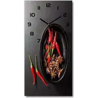 Tulup Wandklok - Chilipepers Glazen Klok Met Print - 30x60 cm - Rood Wandklok Glas Met Motief - Zwarte handen - Rechthoekige Klok - Wandklok Glas Decoratie - Gekleurde Glazen Klok
