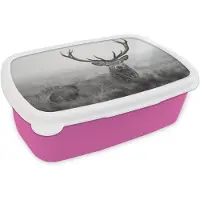 MuchoWow Broodtrommel Roze - Lunchbox Hert - Mistig - Zwart - Wit - Brooddoos 18x12x6 cm - Brood lunch box - Broodtrommels voor kinderen en volwassenen