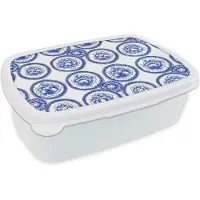 MuchoWow Broodtrommel Wit - Lunchbox Cirkels - Bloemen - Blauw - Brooddoos 18x12x6 cm - Brood lunch box - Broodtrommels voor kinderen en volwassenen
