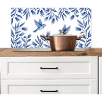 KitchenYeah Spatscherm keuken 80x40 cm - Kookplaat achterwand Modern - Vogels - Delfts - Blauw - Muurbeschermer - Spatwand fornuis - Hoogwaardig aluminium