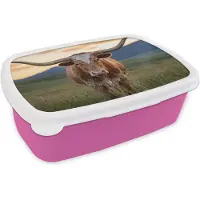 MuchoWow Broodtrommel Roze - Lunchbox Longhorn - Landschap - Zonsondergang - Brooddoos 18x12x6 cm - Brood lunch box - Broodtrommels voor kinderen en volwassenen