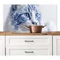 KitchenYeah Spatscherm keuken 120x60 cm - Kookplaat achterwand Kat - Patroon - Blauw - Muurbeschermer - Spatwand fornuis - Hoogwaardig aluminium