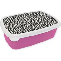 MuchoWow Broodtrommel Roze - Lunchbox Grafisch - Lijnen - Zwart - Wit - Brooddoos 18x12x6 cm - Brood lunch box - Broodtrommels voor kinderen en volwassenen