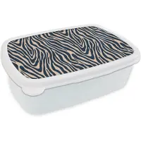MuchoWow Broodtrommel Wit - Lunchbox Zebra - Patroon - Blauw - Beige - Brooddoos 18x12x6 cm - Brood lunch box - Broodtrommels voor kinderen en volwassenen