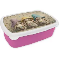 MuchoWow Broodtrommel Roze - Lunchbox Konijntjes - Bloemen - Eieren - Hoeden - Brooddoos 18x12x6 cm - Brood lunch box - Broodtrommels voor kinderen en volwassenen