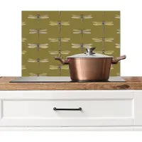 KitchenYeah Spatscherm keuken 60x40 cm - Kookplaat achterwand Libellen - Patroon - Groen - Muurbeschermer - Spatwand fornuis - Hoogwaardig aluminium