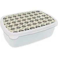 MuchoWow Broodtrommel Wit - Lunchbox Sierlijk - Ornament - Blauw - Brooddoos 18x12x6 cm - Brood lunch box - Broodtrommels voor kinderen en volwassenen