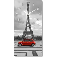 Tulup Wandklok - Eiffeltoren auto Moderne Wandklok Glas - 30x60 cm - Rood Wandklok Glas Decoratie - Witte handen - Rechthoekige Klok - Glazen Wandklok Design - Klok Glas Met Opdruk