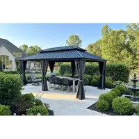 PURPLE LEAF Hardtop Aluminium Tuinpaviljoen – Dubbel dak – Hoogwaardige Gordijnen – Wind- en weerbestendig – Grijs