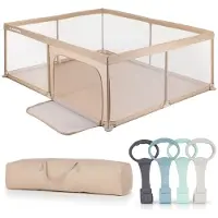 Sun baby Kinderbox met groene handvat 150x200 cm 0-2 jaar Beige, polyester, netwanden, ingang met rits, antislipvoetjes, draagtas inbegrepen, metalen frame