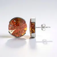 Cavill - Zilveren Oorbellen met Versteend Palmhout - 925 Sterling Zilver Geplatineerd - 12 5 ct Ronde Cabochon 11 mm - Elegante Natuurlijke Steen