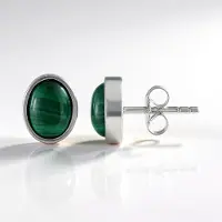 Cavill - 925 Zilver Oorbellen met 3,40 ct Ovale Malachiet uit Zambia - Gerhodineerd - Elegante Oorknopjes met Kliksluiting