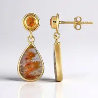 Cavill - 925 Sterling Zilver Vergulde Oorbellen - Druzische Agaat 7,75 ct & Mandarijn Granaat 0,7 ct - Elegant Peervormige Cabochon