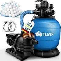 Tillvex Zandfiltersysteem 13.200L/h tot 40.000L + 1200g Filterkogels | Zandfilterinstallatie 7-weg ventiel & Adapter Ø32-38mm | Zwembadfilter met drukweergave | Zandfilter zwembad (Blauw)