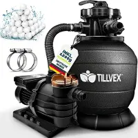 Tillvex Zandfiltersysteem 13.200L/h tot 40.000L + 1200g Filterkogels | Zandfilterinstallatie 7-weg ventiel & Adapter Ø32-38mm | Zwembadfilter met drukweergave | Zandfilter zwembad (Zwart)