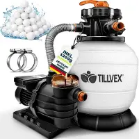 Tillvex Zandfiltersysteem 13.200L/h tot 40.000L + 1200g Filterkogels | Zandfilterinstallatie 7-weg ventiel & Adapter Ø32-38mm | Zwembadfilter met drukweergave | Zandfilter zwembad (Wit/Oranje)