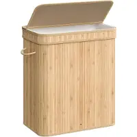 Mazazu Wasmand Bamboe - Luxe Wasmand met Afneembare & Wasbare Linnen Zak - 100L - Beige - 54,5x34,5x61cm