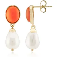 Cavill - Verguld 925 Sterling Zilveren Oorbellen - Witte Zoetwaterkweekparels 11x8 mm - Carneool Cabochon 5 ct - Elegante Zilveren Oorhangers