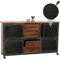 Mendler Dressoir -N28, ladekast, wielen 4 laden, 3D structuur industrieel retro metaal hout 90x150x40cm ~ zwart, bruin