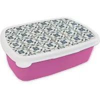 MuchoWow Broodtrommel Roze - Lunchbox Grafisch - Tegel - Blauw - Brooddoos 18x12x6 cm - Brood lunch box - Broodtrommels voor kinderen en volwassenen