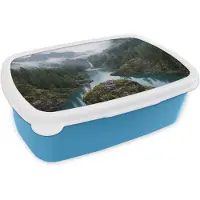 MuchoWow Broodtrommel Blauw - Lunchbox Waterval - Bomen - Bergen - Brooddoos 18x12x6 cm - Brood lunch box - Broodtrommels voor kinderen en volwassenen