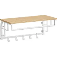 Mazazu 3-in-1 Wandkapstok met Plank - kapstok met 5 Haken – Metaal & Hout – Industrieel Design – Wit & Eiken – 66x30 cm