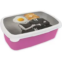 MuchoWow Broodtrommel Roze - Lunchbox Ontbijt - Koppel - Ei - Brood - Brooddoos 18x12x6 cm - Brood lunch box - Broodtrommels voor kinderen en volwassenen