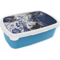 MuchoWow Broodtrommel Blauw - Lunchbox Koe - Delfts - Blauw - Artistiek - Brooddoos 18x12x6 cm - Brood lunch box - Broodtrommels voor kinderen en volwassenen