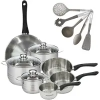 Fackelmann Set van 28 cm Koekenpan, 3 Kookpotten 16/20/24 cm en 3 Steelpannen 12/16/20 cm Geneva en 5 Keukengerei