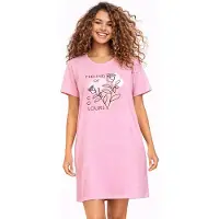 Comtessa - Dames Nachthemd Korte Mouw - Katoen - Pink Flowers - Maat 46