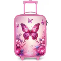 NoBoringSuitcases.com - Kinderkoffer roze - Kindertrolley meisje - Vlindervallei - Koffer kind lichtgewicht - Reiskoffer trolley voor kinderen - Koffertje met lichtgevende wieltjes - Rolkoffer
