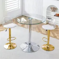 MODFU - Bartafelset Met 2 Barkrukken - In Hoogte Verstelbaar En Draaibaar - Modern - Glas Metaal Kunststof - Goud Zilver Transparant - 89 cm