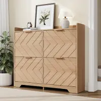 OKWISH Schoenenkast – 4 Klepvakken – Ruimtebesparend Voor Hal En Entree – 3D Front Met Bovenblad – MDF Naturel – 105x24x90 cm