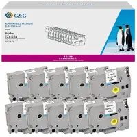 G&G Beletteringstape , compatibel met Brother TZe-231, zwart op wit, zelfklevend, kunststof, L 8 m x B 12 mm, 10 stuks