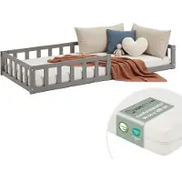 Homestyle4u Kinderbed 90x200 met matras, laag bed met valbeveiliging, grijs, Montessori bed, peuterbed, hout, grenen, massief