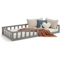 Homestyle4u Kinderbed - 90x200 cm - Vloerbed met lattenbodem en valbeveiliging - Grijs