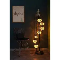 Halay Handgemaakte Turkse vloerlamp met 7 gekleurde glazen bolletjes – een oosterse vloerlamp in geel en warme kleuren