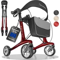 Aktiv shop GmbH Carbon Rollator – inklapbaar en licht met zitje, ultralicht 5,1 kg, wandelhulp voor senioren, 9-voudig in hoogte verstelbaar, met tas, rood - maat M