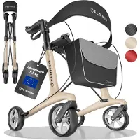 Aktiv shop GmbH Carbon Rollator – inklapbaar en licht met zitje, ultralicht 5,1 kg, wandelhulp voor senioren, 9-voudig in hoogte verstelbaar, met tas, crème - maat M